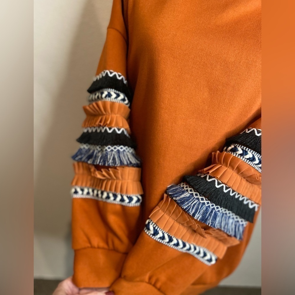AndTheWhy~Boho Vibe Burnt Orange Sweatshirt~Fringe & Trim Detail Sleeves~Size M - Picture 7 of 14